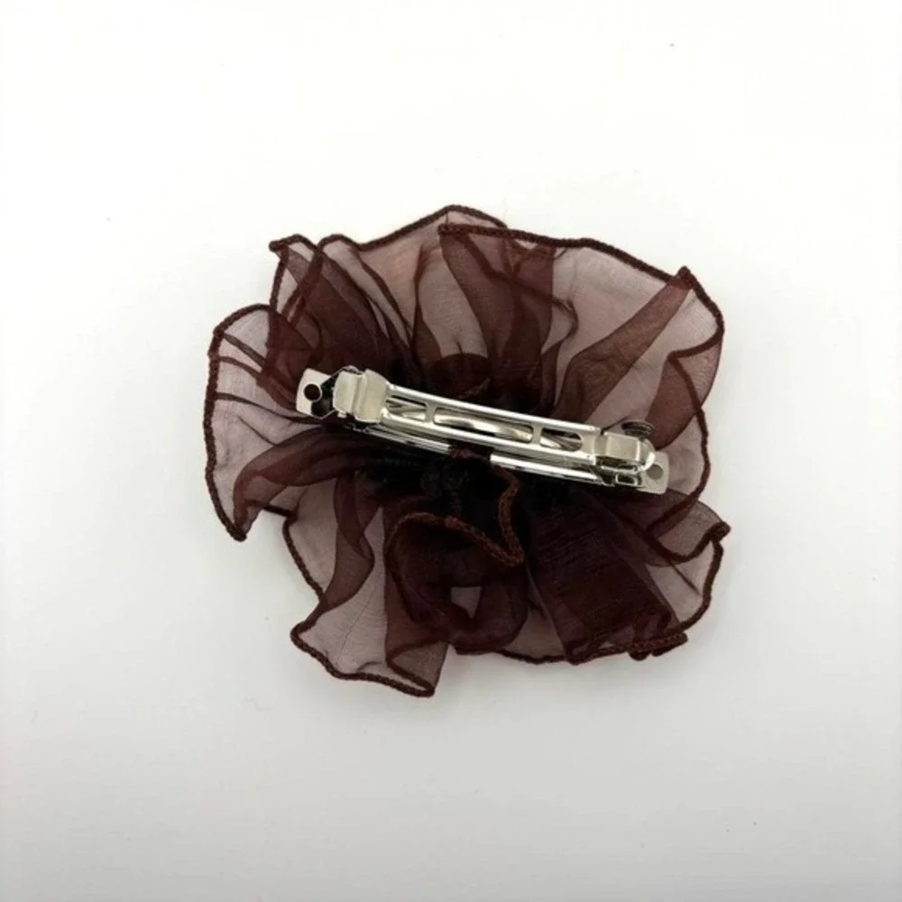 Brown Ruffled Floral Sheer Chiffon Hair Clip Barrette Y2K Cottagecore Accessory